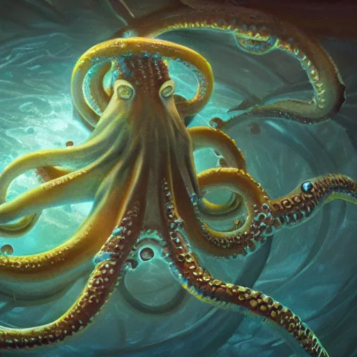 Image similar to tentacle-enabled underwater human descendant, futuristic painting, dagon, hd 8k