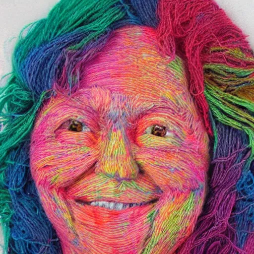 Prompt: portrait, hyper realistic, face made out of multi-coloured yarn, expression