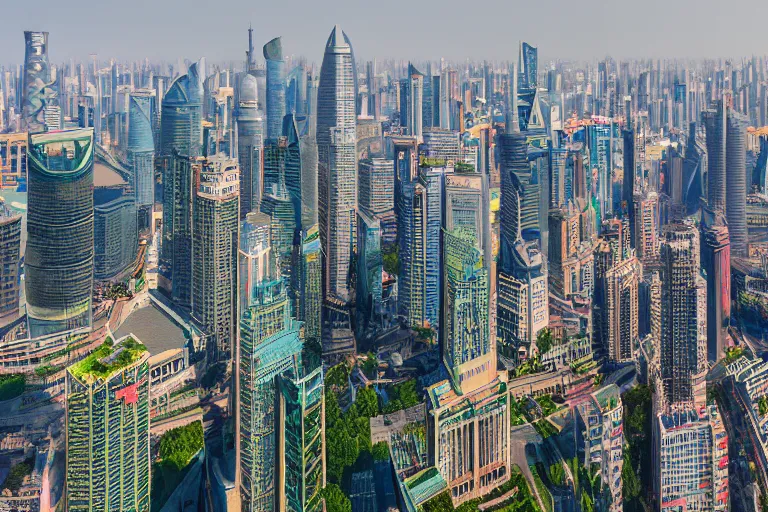 Image similar to 4 k hd, high detail photograph of shanghai cityscape, ultra wide shot, shot with sigma f / 4. 2, 2 5 0 mm sharp lens, consistent, high detailed light refraction, high level texture render