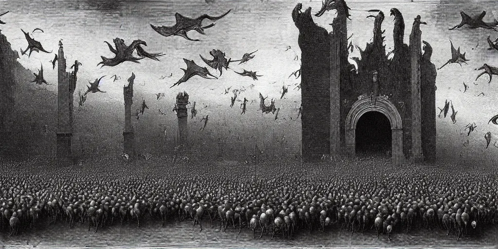 Prompt: gargantuan flock of geese guarding the gates of hell, art by gustave dore, hieronimus bosch