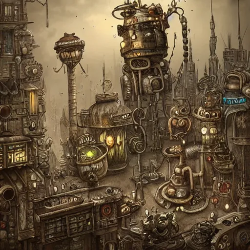 Image similar to machinarium city, steampunk style, fantasy style, super high detail, super high quality, talented artist, trending on artstation