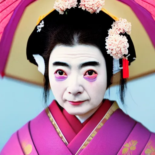 Prompt: rowan atkinson dressed as a traditional japanese woman, cinematic shot, dynamic lighting, close up, impressive winning photo, pastel colors