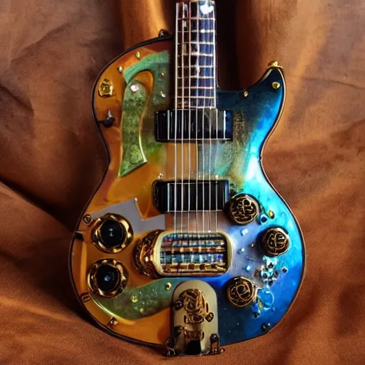 Prompt: photo of a steampunk electric guitar with ornaments and gems, ultra realistic