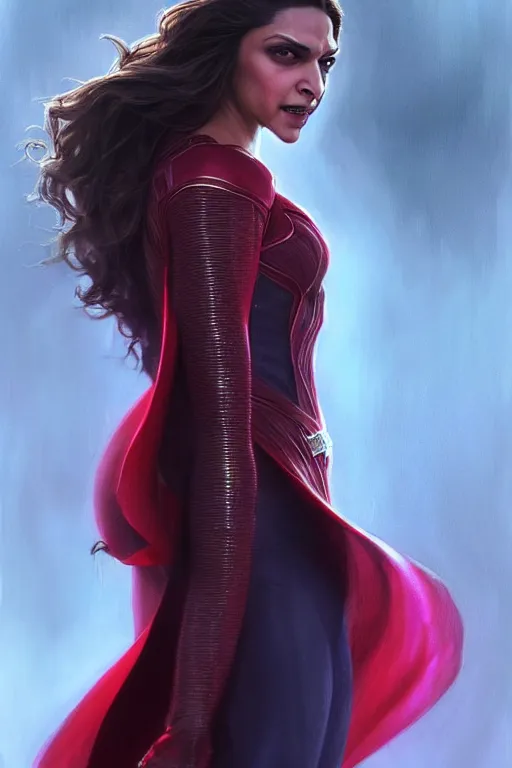 Image similar to Deepika Padukone as Scarlet Witch, Scarlet Witch costume, Deepika Padukone Face, villany, portrait, masculine figure, highly detailed, digital painting, artstation, concept art, smooth, sharp focus, illustration, cinematic lighting, art by artgerm and greg rutkowski and alphonse mucha