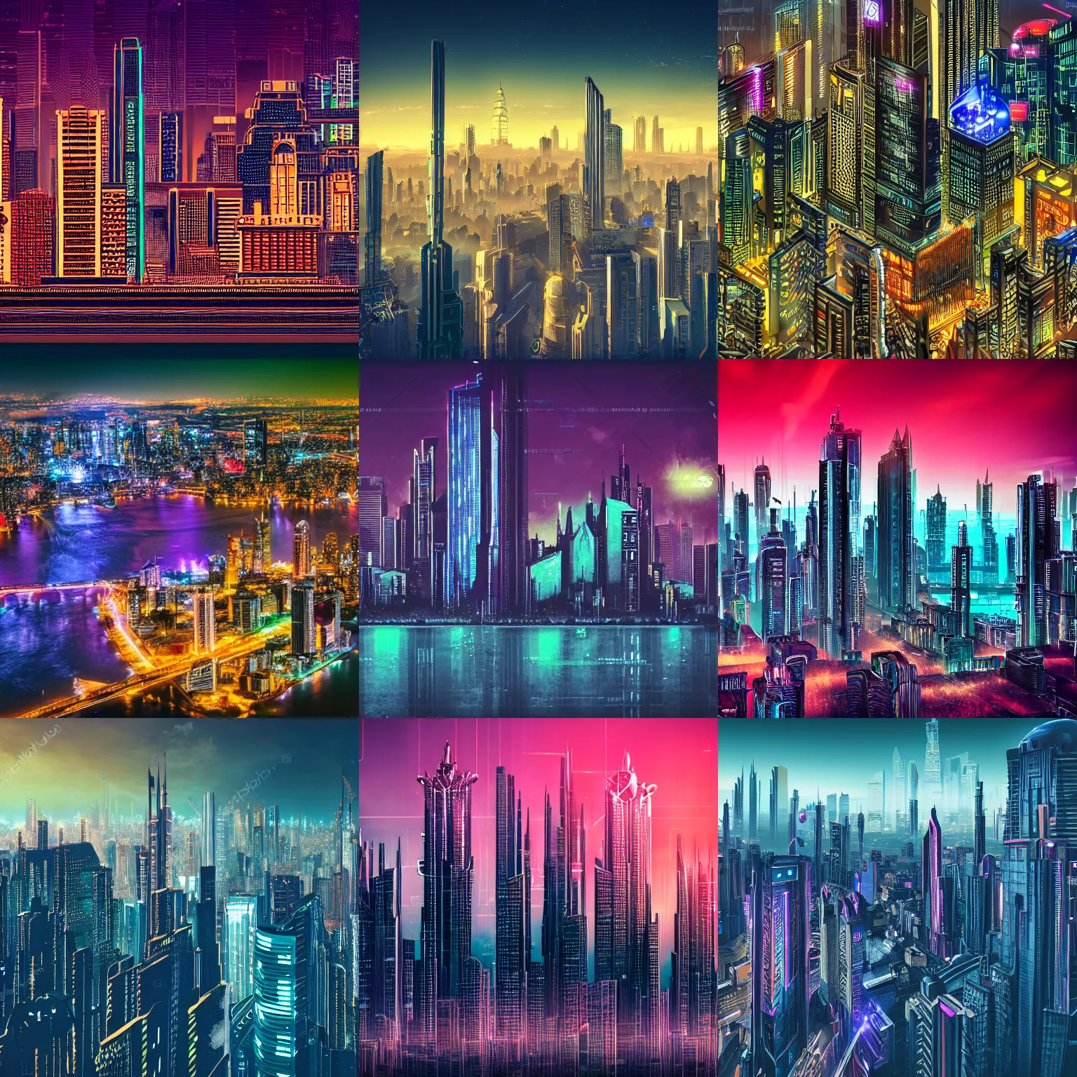 Prompt: detailed photo of a beautiful skyline with cyberpunk Art Deco buildings, parks and lakes, 4K