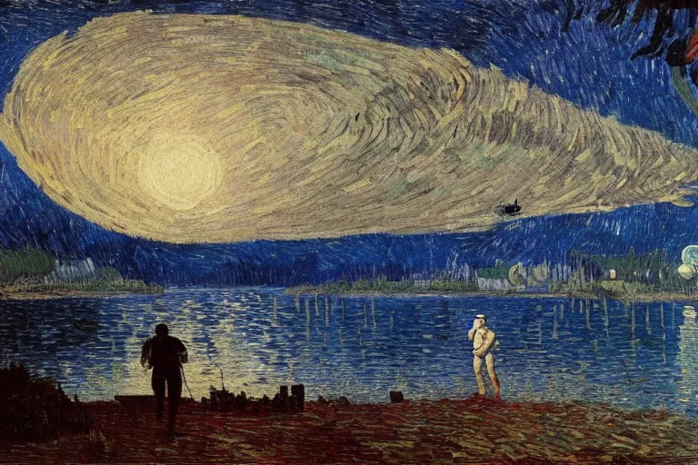 Prompt: an astronaut swimming in Jupiter lake, beautiful, national geographic, very detailed, astrophotography, oil painting, canvas, Vincent van Gogh, Caspar David Friedrich, Albert Bierstadt