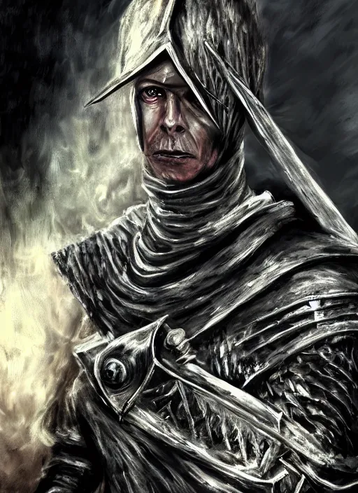 Prompt: portrait david bowie, dark souls style, warrior, gael knight, ashen warrior, detailed portrait