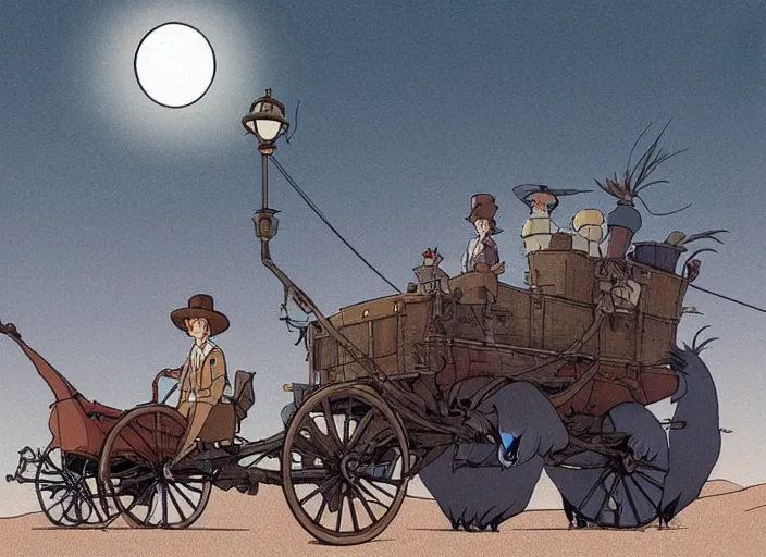 Prompt: a cell shaded cartoon of a stagecoach being pulled by two emu's from howl's moving castle ( 2 0 0 4 ), on a desert road, lamp posts, in front of a pale full moon, full body, wide shot, very dull muted colors, studio ghibli, laurie greasley, highly detailed, deviantart, art by artgem