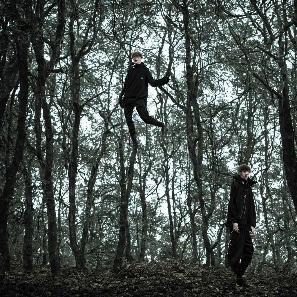 Image similar to cinematic still of bladee in dark forest, XF IQ4, f/1.4, ISO 200, 1/160s, 8K, RAW, dramatic lighting, symmetrical balance, in-frame