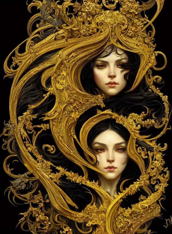 Image similar to beautiful black yellow, complicated gold the baroque style decoration, dark fantasy, intricate, elegant, highly detailed, digital painting, artstation, concept art, matte, 3 d 8 k octane rendered, sharp focus, illustration, octane rendered, art by artgerm and alphonse mucha, leesha hannigan, ross tran