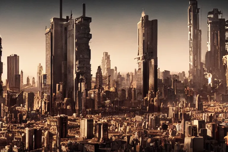 Prompt: sprawling cramped dystopian cityscape in a quentin tarantino movie, 4 k arri alfa anamorphic lens 3 5 mm film wide shot still