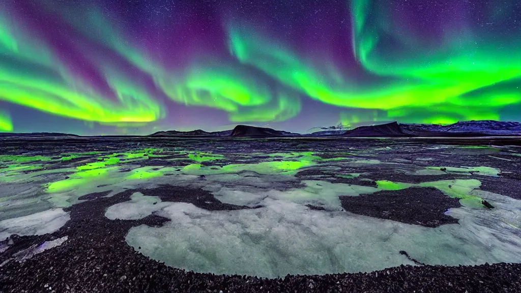 Prompt: summer iceland astrophotography, beautiful night sky, aurora borealis, award winning photograph, national geographic, vincent van gogh