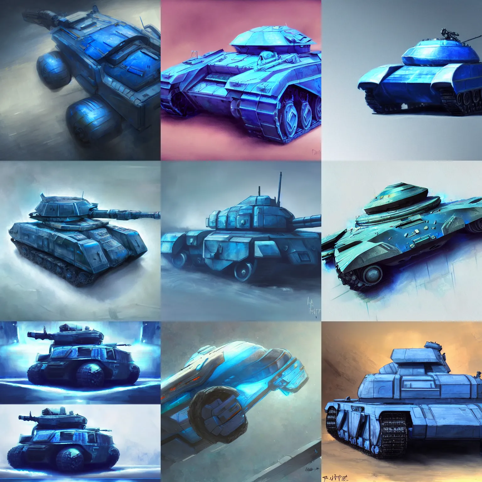 Prompt: conceptual art of a futuristic blue tank, realistic painting, high definition, digital art, painting, very detailed, pixiv, deviantart, artstation, danbooru, illustration, realistic