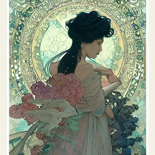 Image similar to a beautiful intricate watercolor illustration of a princess with birds 4 k, ultra - wide angle, by william turner, by victo ngai, by alphonse mucha, by moebius, by gustave dore, hd, trending on artstation, hyper detailed, muted intense colors