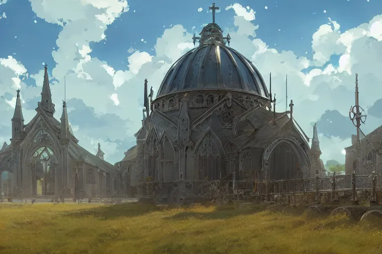 Image similar to concept art of a huge church with chain drive aka churchtank in an open field, key visual, ambient lighting, highly detailed, digital painting, artstation, concept art, sharp focus, by makoto shinkai and akihiko yoshida and hidari and greg manchess