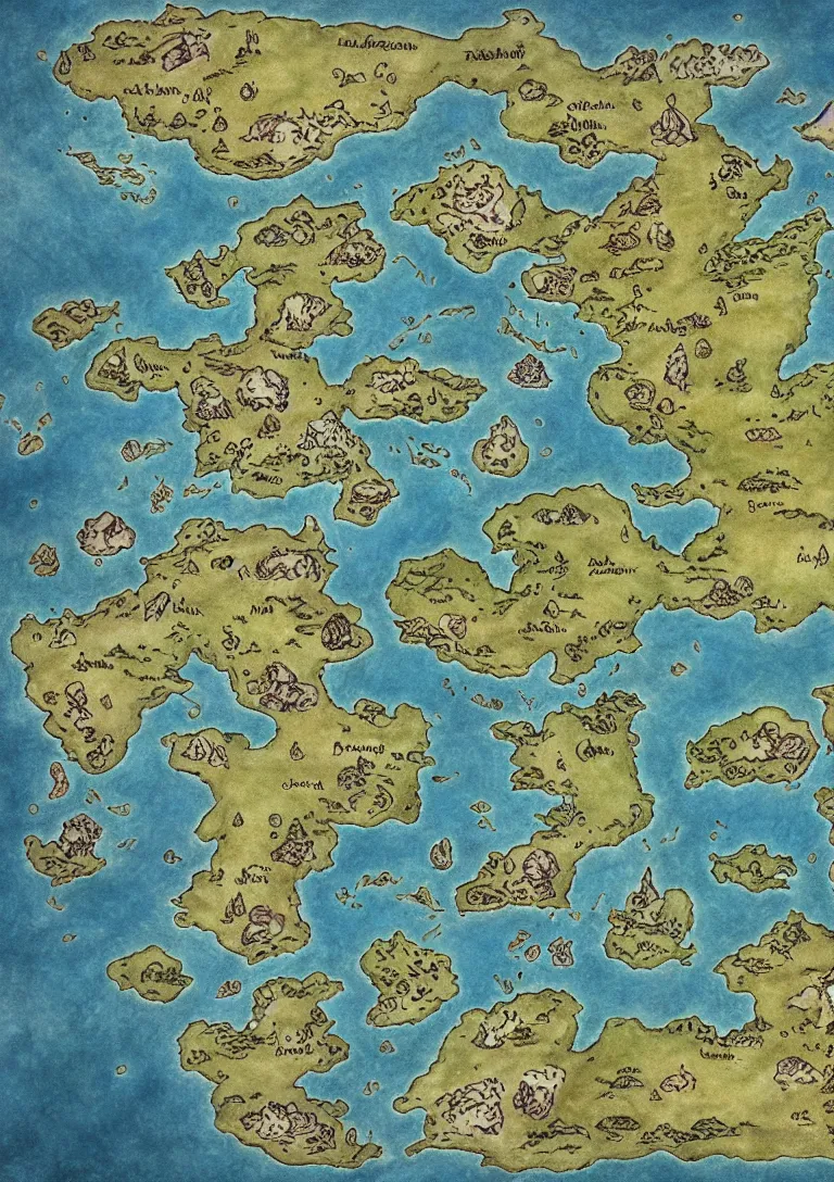 Image similar to simple fantasy map, the land of Odrua, several continents, world of Lute, by JRR Tolkien and Brian Froud, Vatican Map Room, fantasy concept painting, Magic The Gathering Art, trending on art station, showing kingdoms, oceans, continents, vast seas, open plains, swamps frame border