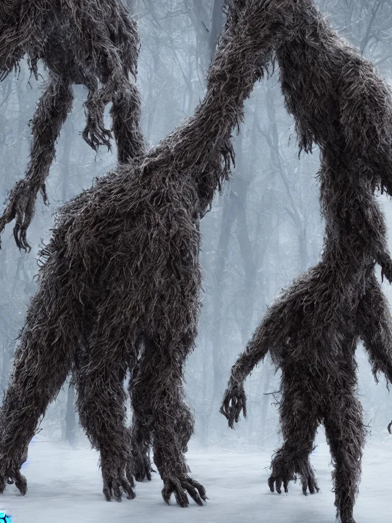 Image similar to standing photorealistic detailed tall skinny humanoid creature with fur, the woods, night, extremly detailed, 8 k, realistic, sharp focus, cosmic horror creature, cosmic horror, from the movie the thing