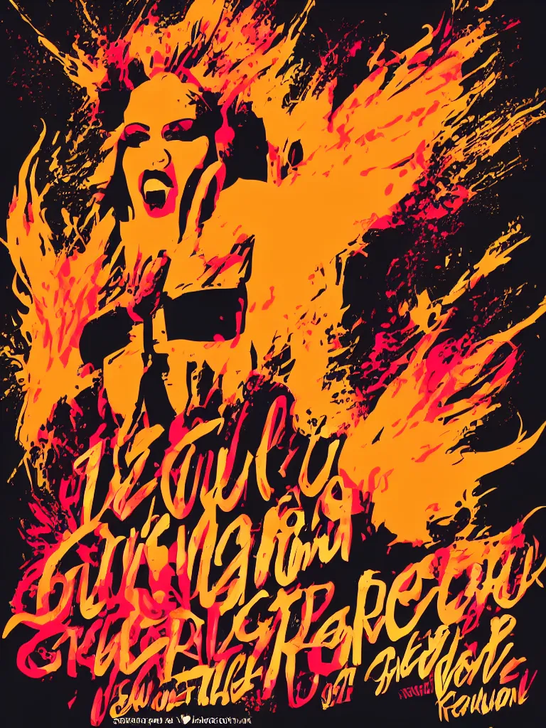 Prompt: vector art concert poster for a glam rock star drag queen, fire theme, concert poster