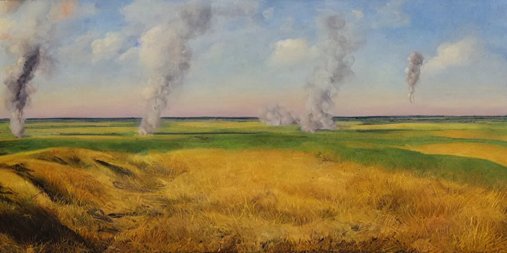 Image similar to an eastern front battlefield landscape, summertime, shell craters, distant smoke column on the horizon, oil painting in the style of peredvizhniki