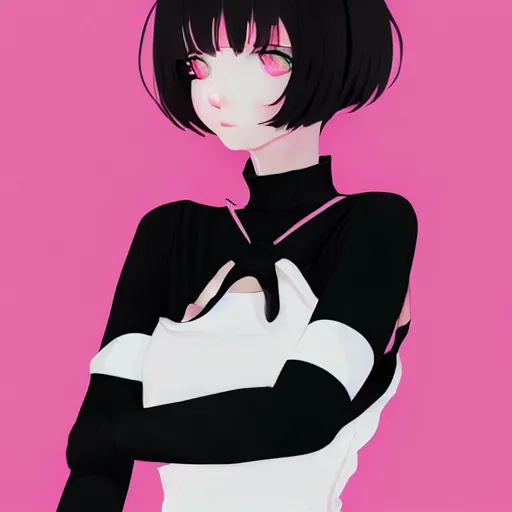 Prompt: girl, bare shoulders, detached sleeves, looking at viewer, open mouth, partially fingerless black gloves, pink background, red eyes, short hair, white hair, white shirt, white sleeves, wolf ears, artwork made ilya kuvshinov