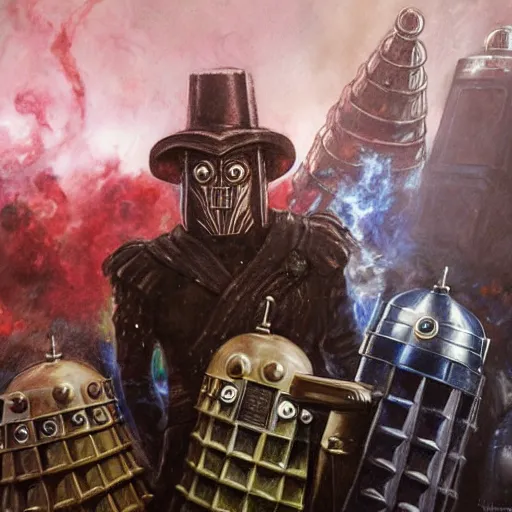 Image similar to close up of doctor who and the daleks in full leather armor, cinematographic shot, by daniel f. gerhartz