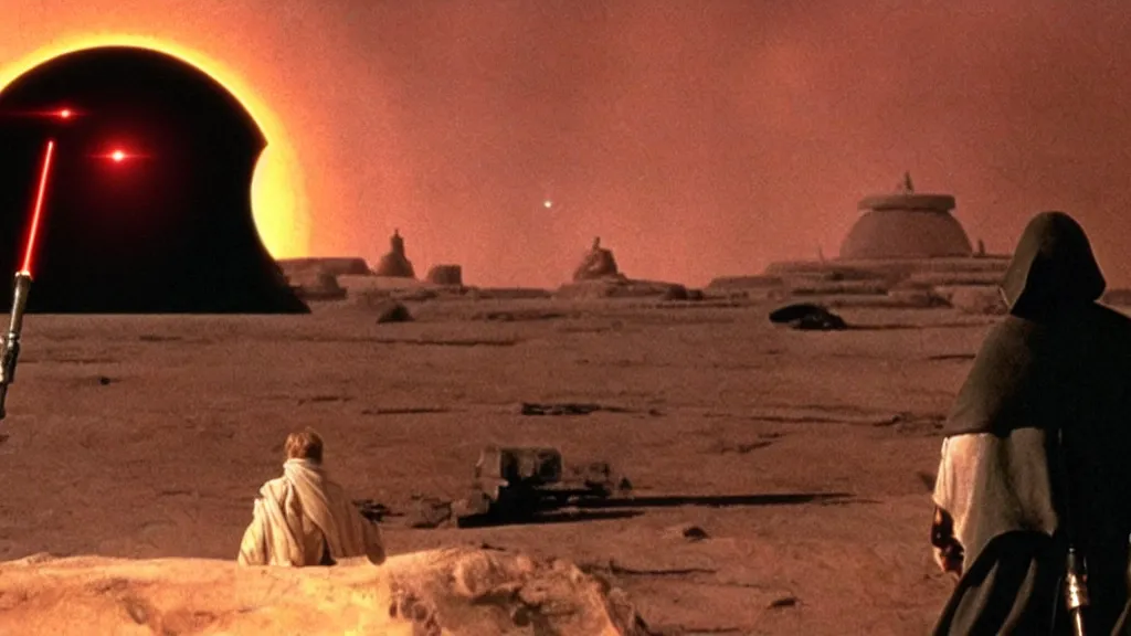 Image similar to film still Luke skywalker watches tatooine binary sunset Star Wars a new hope 1977