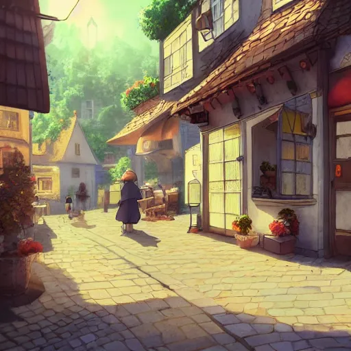 Prompt: beautiful cute cozy very little cafe on a cobblestone street, golden morning light, simple fantasy anime style of hayao miyazaki, digital art trending on artstation