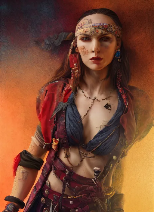 Prompt: detailed full body oil painting of a woman pirate in intricately colored clothing, octane render, sss, postprocessing, 4k, cinematic lighting, unreal engine, insanely detailed and intricate