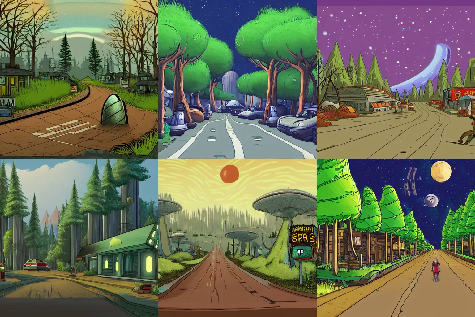 Prompt: main street of a small town on an alien planet with an alien forest in background, from a space themed Serria point and click 2D graphic adventure game, made in 1999, high quality graphics