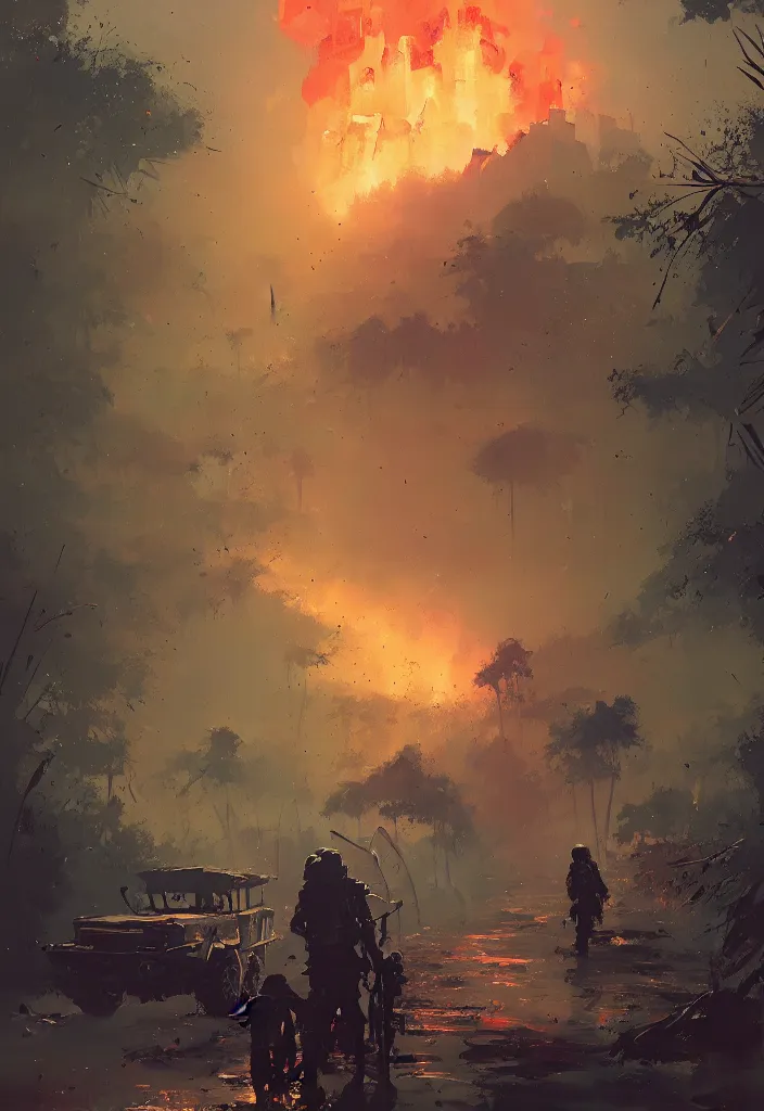 Image similar to ismail inceoglu painting of vietnam war scenary, year 1 9 7 0, jungle, fire smoke and explosions, painting, line art, art concept for a book cover, trending on artstation, by greg manchess and by craig mullins and by kilian eng and by jake parker