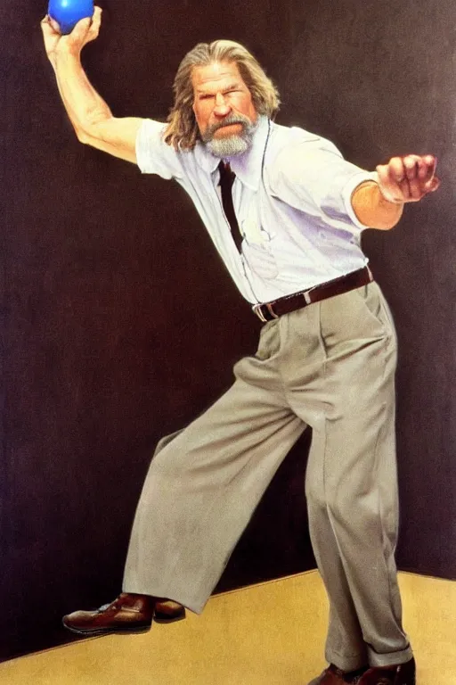 Image similar to Jeff Bridges from the movie The big Lebowski playing bowling painted by Norman Rockwell