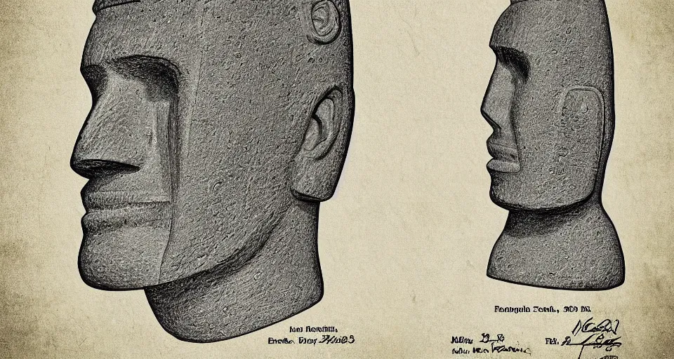 Image similar to moai head patent drawing, photorealistic