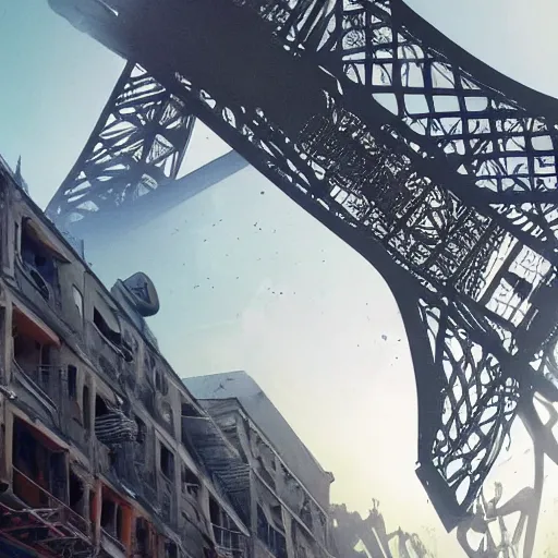 Image similar to A beautiful intricate 8K award-winning cinematic movie photograph of the future Eiffel Tower, destroyed and decaying, hidden by billboards. in the year 2043, by Bruno Delbonnel and greg rutkowski. Arri Alexa 65, IMAX 70mm footage