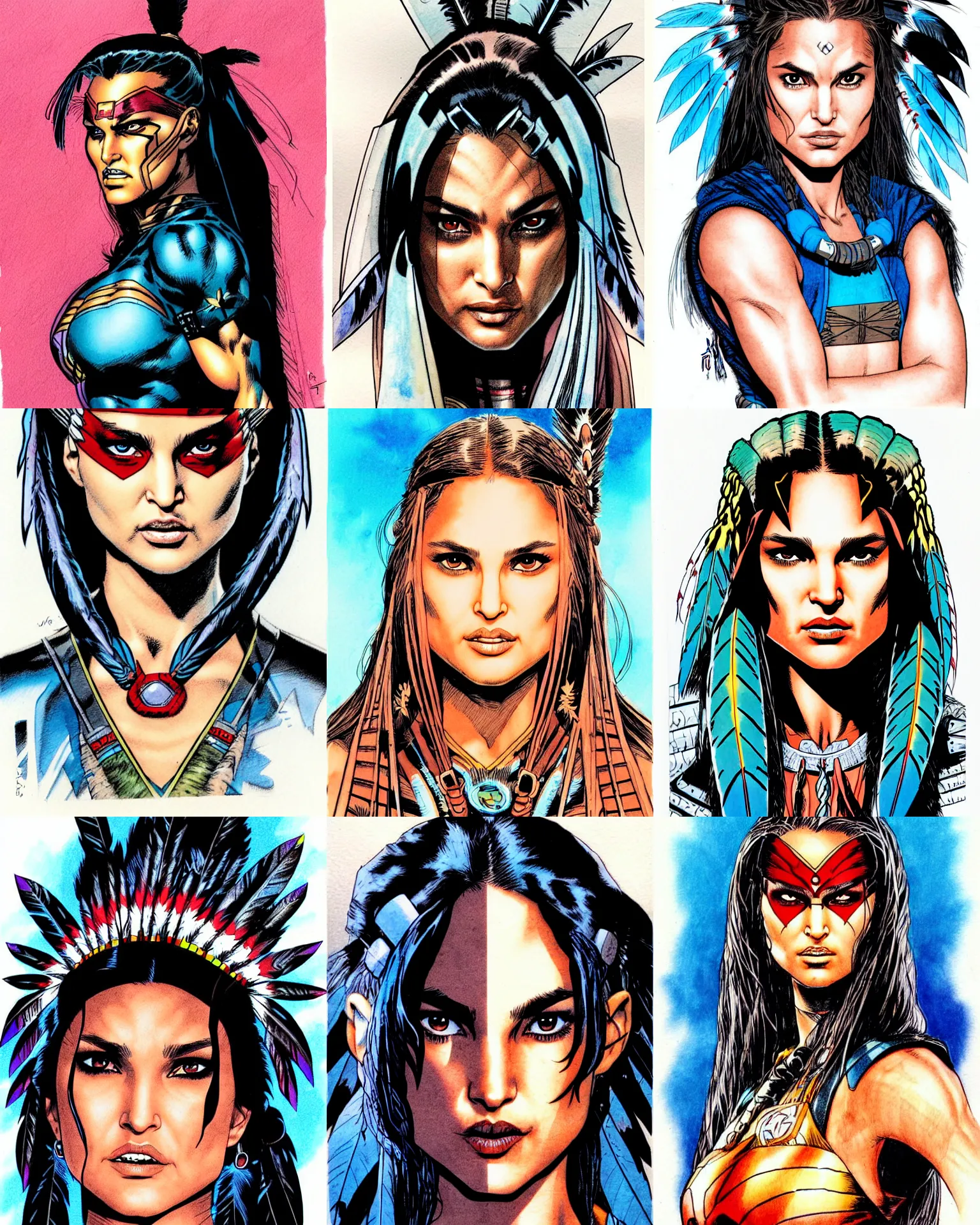 Prompt: jim lee!!! ink colorised airbrushed gouache sketch by jim lee close up headshot of sad native indian natalie portman in the style of jim lee, x - men superhero comic book character by jim lee