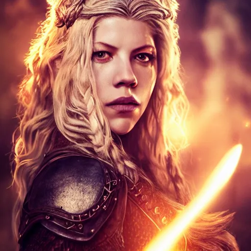 Image similar to portrait art of katheryn winnick, lagertha. vikings, 8 k ultra realistic, lens flare, atmosphere, glow, detailed, intricate, full of colour, cinematic lighting, trending on artstation, 4 k, hyperrealistic, focused, extreme details, unreal engine 5, cinematic, masterpiece