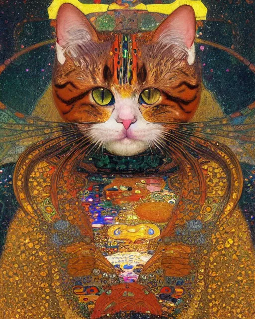 Image similar to cat meditation portrait an oil painting splashes with many colors and shapes by gustav klimt greg rutkowski and alphonse mucha, polycount, generative art, psychedelic, fractalism, glitch art