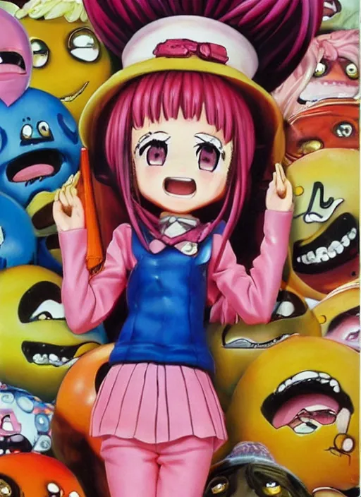 Prompt: a lifelike oil painting of an anime girl figurine caricature with a big dumb grin featured on lazy town by arthur szyk made of madballs