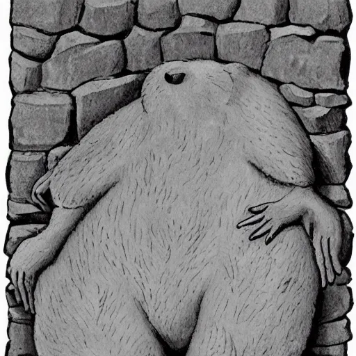 Prompt: An impressive mole with paws carved from stone and a healthy coat of fur is looking down upon three smaller moles huddled together in an open doorway. The large mole wears robes made of blue silk, and has a staff of white wood in his paws. The three small moles are clad in simple browns and grays. One of them holds out her paw to the large mole.