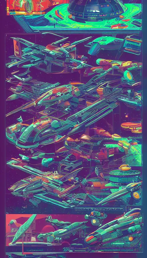 Prompt: spriteset for space shooter, italian futurism, da vinci, Dan Mumford, Josan Gonzalez