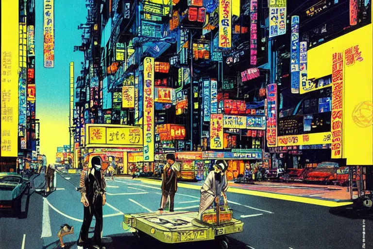 Image similar to 1 9 7 9 omni magazine cover of a fish delivery cart in neo - tokyo. art in cyberpunk style by vincent di fate