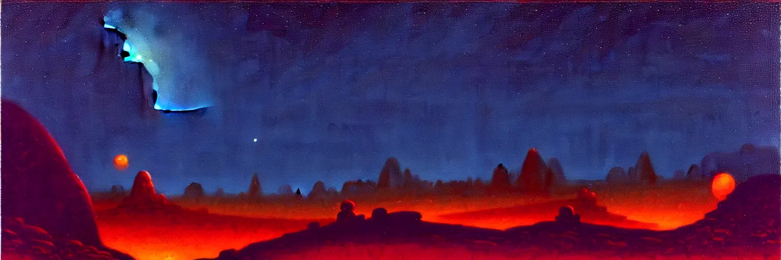 Image similar to cartoon paul lehr narrow night landscape with farawaymountains dark blue tones