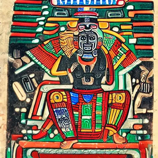 Prompt: a depiction of Aztec god Tezcatlipoca looking at an iPhone, facing left, Mesoamerican codex
