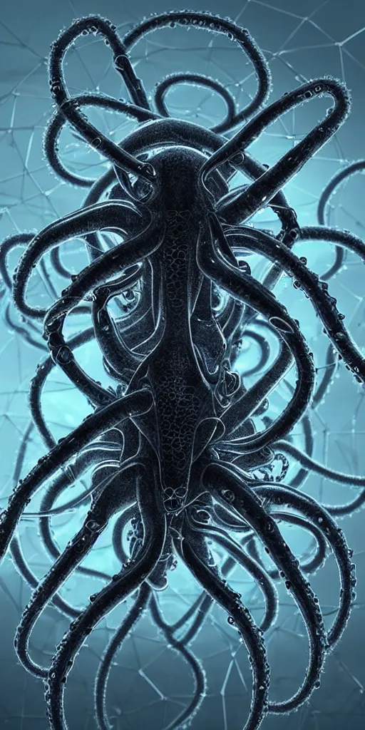 Image similar to concept art of an alien cybernetic arachnid octopus made of silica crystal and translucent cables, on a rock background, surrounded by spirals of fog, grimy, gritty, trending on artstation, award winning painting, close portrait, cgi, art by david cronenberg and chris cunningham