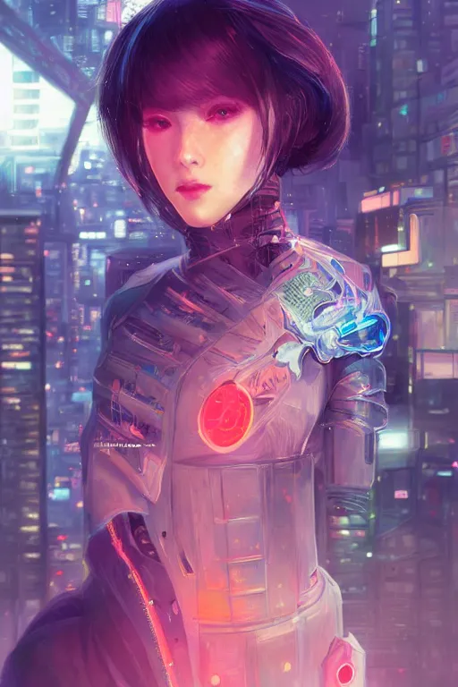 Prompt: portrait futuristic Ninja Girl, in future cyberpunk tokyo rooftop , ssci-fi, fantasy, intricate, very very beautiful, elegant, neon light, highly detailed, digital painting, artstation, concept art, smooth, sharp focus, illustration, art by WLOP and tian zi and alphonse mucha