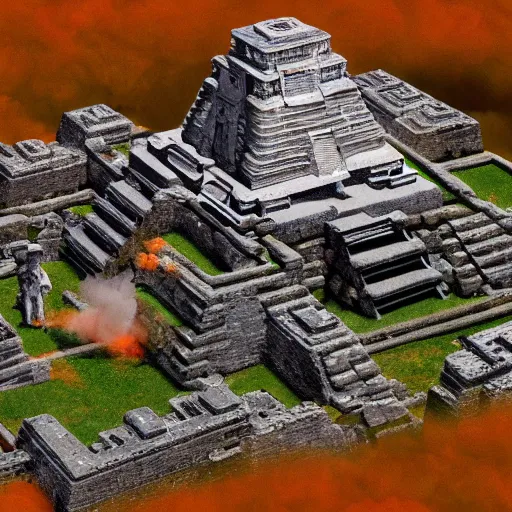 Image similar to spacecraft on fire and smoking crash landed into ancient Mayan temple, highly detailed, very intricate, aerial photograph, artstation