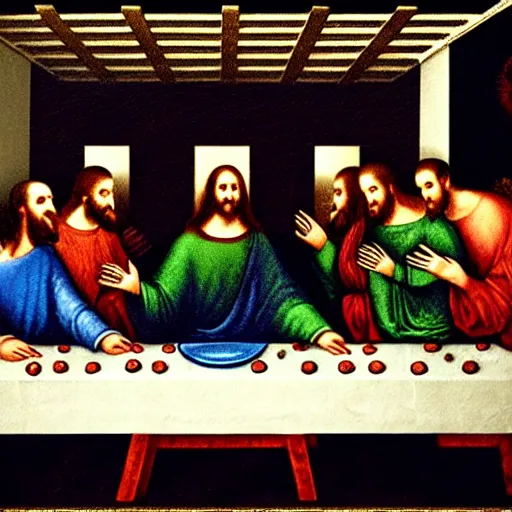 Prompt: The Last Supper but it's very creepy and distorted, dark color palette