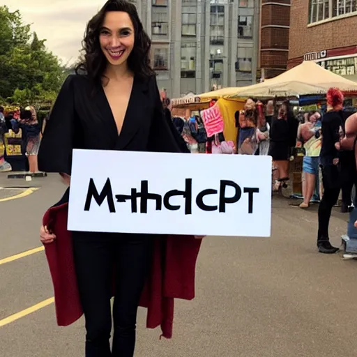 Image similar to Gal Gadot holding a sign that says M I T C H I E P O O !!!! as painted by Ralph Horsley