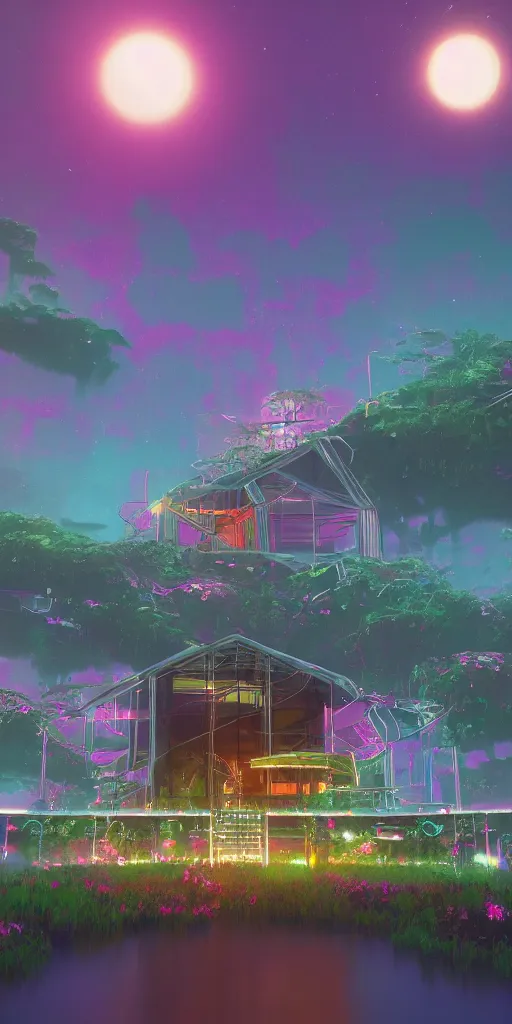 Prompt: humongous technologic flower house on a dusky planet, spooky, retrowave, art by warner bros, smooth, cinematic, wet reflections, ray tracing x, rtx, smooth