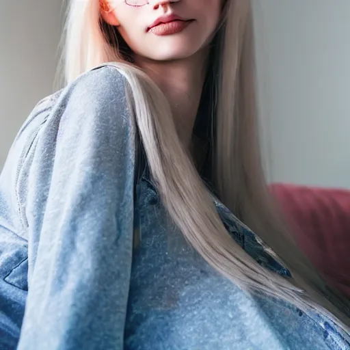 Prompt: intricate very detailed portrait of a cute thin young woman, long white hair, vivid blue eyes, red blush, light freckles, soft smile, casual clothes, relaxing on the couch, home interior, golden hour, close up shot, 8 k, art by irakli nadar, hyperrealism, hyperdetailed, ultra realistic