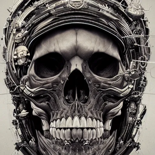 Prompt: portrait of a space pirate skull. intricate abstract. intricate artwork. nightmare fuel. terrifying. by Tooth Wu, wlop, beeple, dan mumford. octane render, trending on artstation, greg rutkowski very coherent symmetrical artwork. cinematic, hyper realism, high detail, octane render, 8k, iridescent accents, black and white